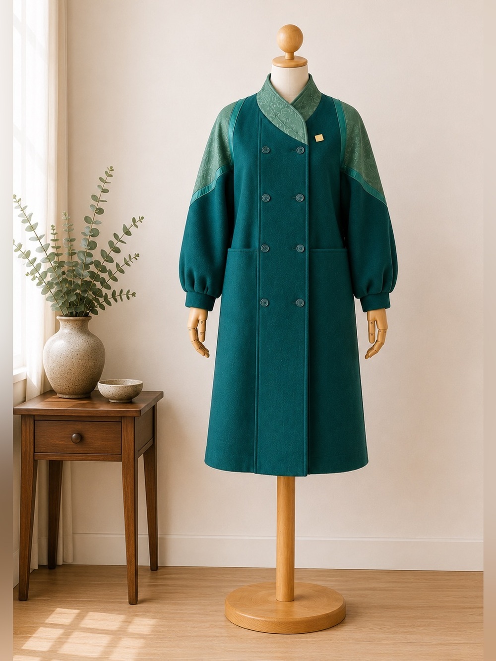 Vintage 80s Luba Paris 100% Wool Leather Trim Emerald Green Long Coat M/L